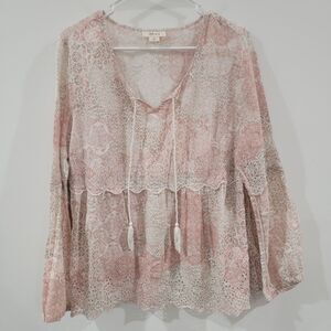 Womens Top Size Medium Boho Peasant Floral Eyelet Hippie Flowy Oversized Scallop